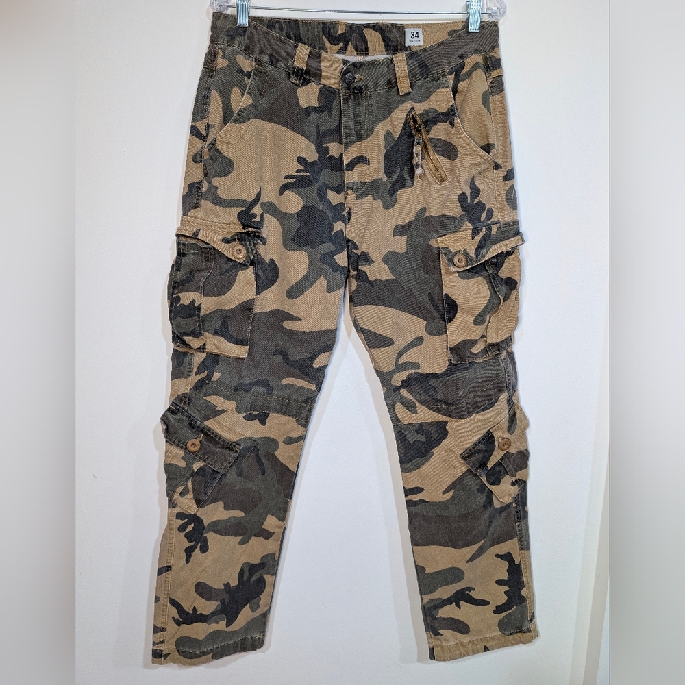 Mustway Men's 34 Vintage Camo Cargo Straight Leg Pants Cotton Jeans Y2K Military